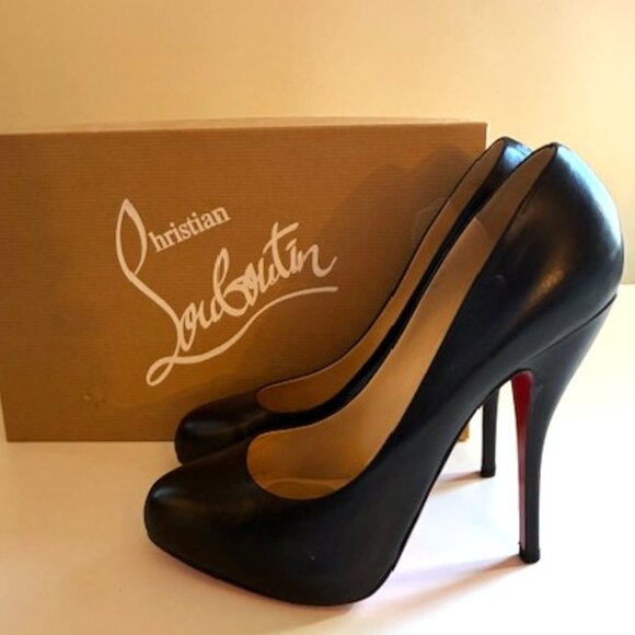 Christian Louboutin Black Leather Platform Round Toe Pump | 5" Heel | Sz 39 - Picture 5 of 16